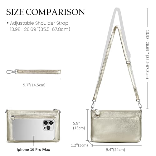 befen Genuine Leather Wristlet Clutch Wallet Purses with RFID Blocking, Small Crossbody Bags Shoulder Handbag for Women - color: Gold
