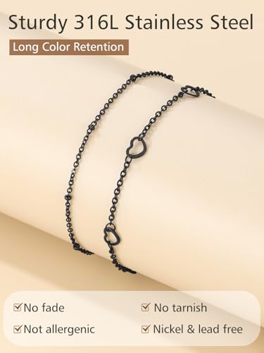 FindChic Black/Silver/Gold Plated Anklets Set of 2PCS/3PCS Herringbone Chain Cuban Link Heart Charm Sparkling Tennis Ankle Bracelets, Waterproof Summer Foot Jewelry for Beach - color: 07. Black-Layered Heart Charm