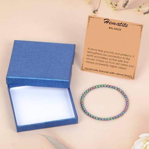 LPBeads Handmade Natural Gemstone Stretch Elastic Bracelet Healing Crystal Round Stone Beads Jewelry Gifts for Women Men - color: Rainbow Coated Hematite, size: 4mm