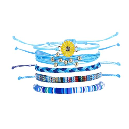 Beach Summer Ankle Bracelet for Women Handmade Braided Adjustable String Anklets Waterproof Surfer Bracelet - color: flower/blue