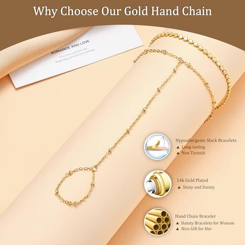 Moodear Gold Hand Chain Bracelet for Women - 14K Gold Plated/Sterling Silver Layered Adjustable Satellite Bead Paperclip Dot CZ Link Hand Chain Ring Bracelets Non Tarnish Trendy Jewelry Gift - style: Dot hand bracelet-GD