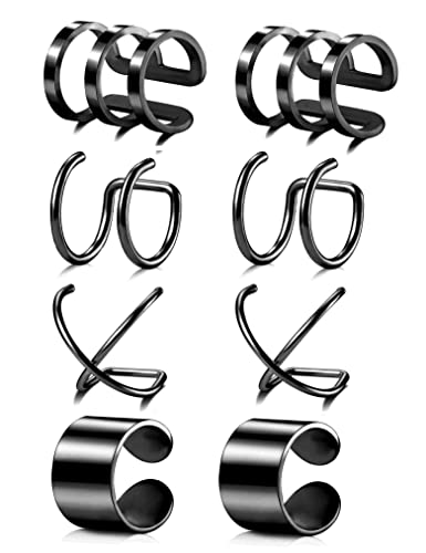 Tornito 4-10 Pairs Stainless Steel Ear Cuff Helix Cartilage Clip On Wrap Earrings Fake Nose Ring Non-Piercing Adjustable - color: E1:4 Pairs, Black Tone