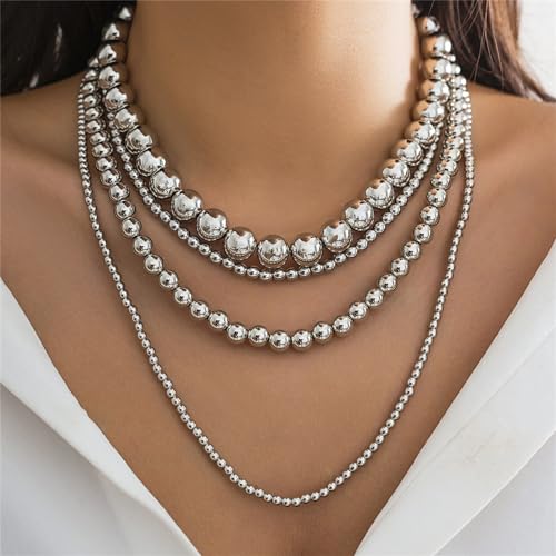 YBMYCM Layered Gold Chunky Necklaces Multi Strand Bead Necklace Wedding Bridesmaid Necklace Jewelry For Women - style: 4PCS Silver Chain