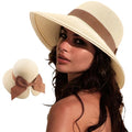 DRESHOW Sun Hats for Women Travel Fedora Foldable Beach Sun Hat Summer Wide Brim Straw Bucket Hat with Bowknot UPF 50+ - color: 1 Pack Bowknot Straw Hat: Beige With Brown Band