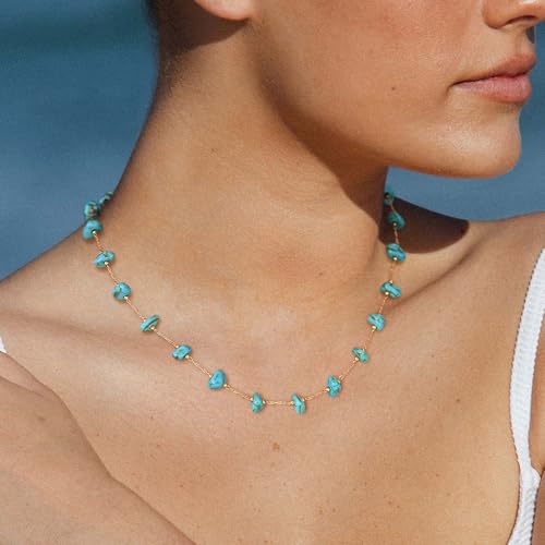 Created Turquoise Necklace for Women 14K Gold Plated Beaded Heart Choker Boho Necklaces Handmade Beach Summer Everyday Western Jewelry Gifts - color: Gold Chain, style: Irregular