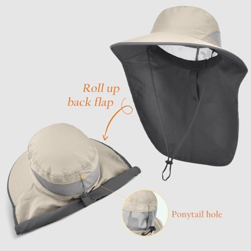 Womens Sun Hat Wide Brim UPF50+ Outdoor Sun Protection Ladies Fishing Hat with Neck Flap Detachable Face Cover - color: Khaki