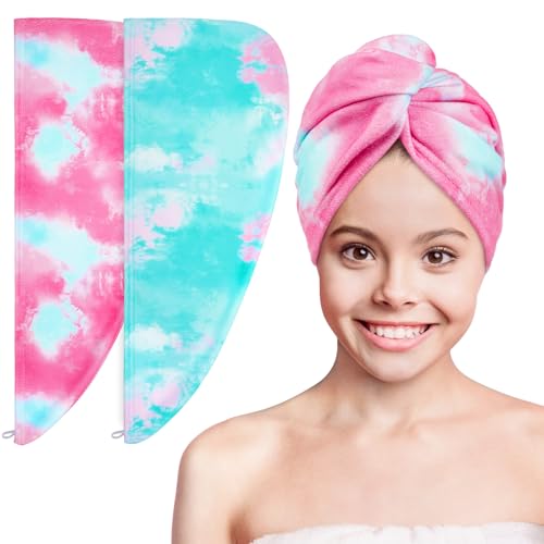 Basumee Microfiber Hair Towel Wrap for Kids 2 Pack Rapid Drying Hair Towel with Button Hair Turbans for Wet Hair Wraps Head Towel Wrap for Women and Girls - color: Pink Purple Tie-dye