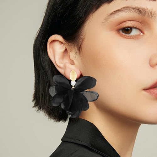 Handmade Fabric Flower Petal Fringe Dangle Drop Earrings Bohemian Floral Tassel Stud Earrings For Women - color: Black