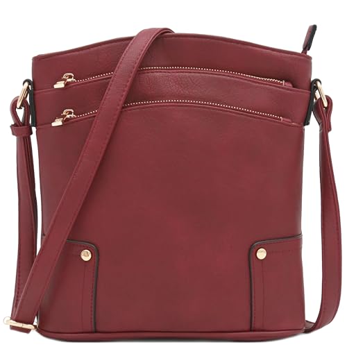ALYSSA Triple Zip Pocket Large Crossbody Bag - color: Wine