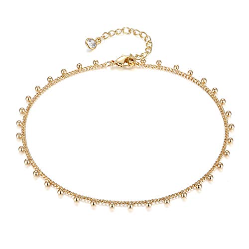 LOYATA Dainty Ankle Bracelet,14K Gold Plated Tiny Bead Anklet Dainty White Cubic Zirconia Cross Tassel Foot Chain Cute Lucky Moon Evil Eye Foot Jewelry Boho Anklets for Women - color: Bead A