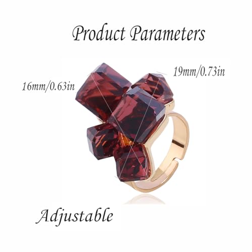 Hebelee Boho Square Crystal Statement Ring for Women Gold-Toned Adjustable Expandable Promise Engagement Geometric Rings Comfort Fit Elegant Art Deco Birthday Christmas Cocktail Party Y2K Jewelry - color: Wine Red