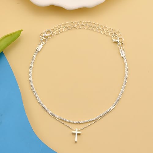Ankle Bracelets for Women Gold Silver Layered Glitter Anklet for Women Waterproof Beach Cross Anklet Set Dainty Summer Foot Jewelry - color: Chunky Silver Layered Cross Anklet