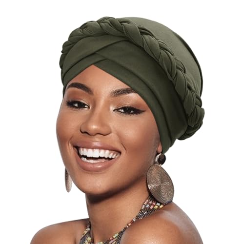 African Women Turban Caps Pre-Tied Twisted Turbans Head Scarf for Women Hair Wraps Cover Beanie Cancer Chemo Headwear - color: 1 Pack Twisted Braid: Green