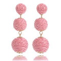 Lightweight Boho Thread Raffia Earrings for Women Handmade Braided Straw Wicker Lantern Ball Earrings Summer Beach Bohemian Geometric Earrings Holiday - color: triple pink