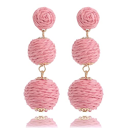 Lightweight Boho Thread Raffia Earrings for Women Handmade Braided Straw Wicker Lantern Ball Earrings Summer Beach Bohemian Geometric Earrings Holiday - color: triple pink