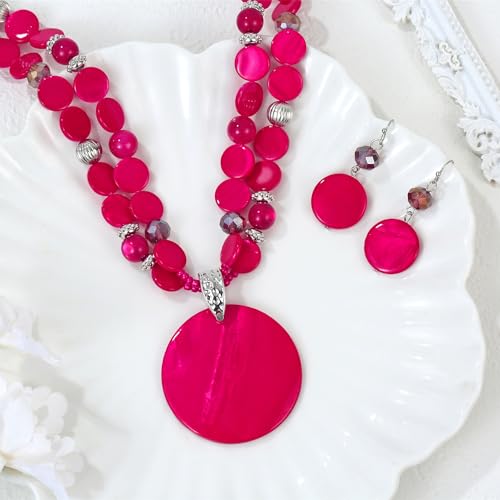 Layered Beads Statement Fashion Necklace Chunky Jewelry Set Big Colorful Glass Stone Circle Shell Pendant Choker Necklace and Earring Set for Women - color: fuchsia pink