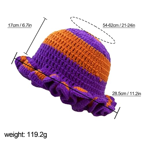 Handmade Crochet Bucket Hat for Women Boho Chic Slouchy Design Colorblock Ruffled Brim Festival&Daily Crochet Hat - color: Purple Orange Contrasting