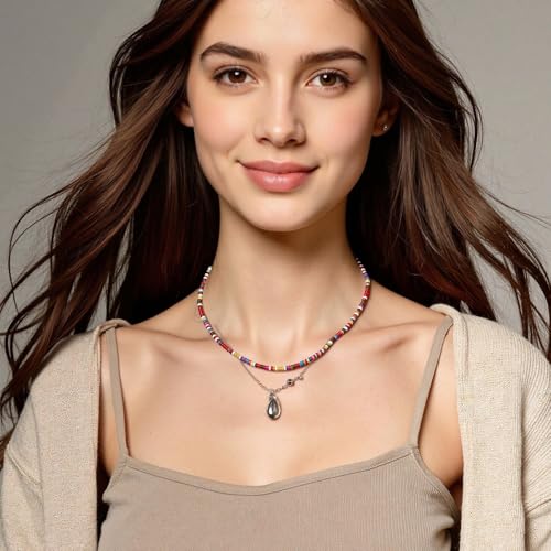 Beaded Gemstone Necklaces for Women Colorful Boho Choker Necklace Beauty And Spirit For Women (blue-silver) - color: mix-red
