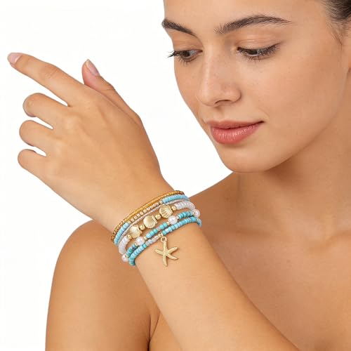 Shell Bracelet Seashell Boho Beaded Stretch Bracelets for Women Summer Beach Bracelets Starfish Charm Bracelet Stackable Gold Plated Bracelets Set for Women - color: f-blue