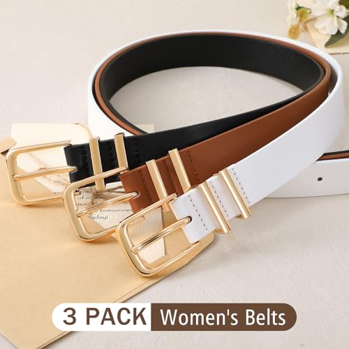 3 Pack Women's Belts for Jeans Pants Dresses Fashion Ladies Leather Waist Belt with Buckle Leather Belts - color: Black+brown+white(gold), size: Fit Waist Size 31-36in