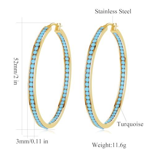 CiNily Mult-colors Crystal Stainless Steel Hoop Earring for Women Hypoallergenic Jewelry for Sensitive Ears Large Big Hoop Earrings 2" - color: Gold-Turquoise