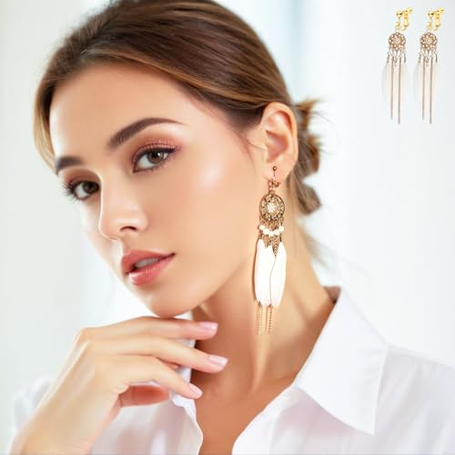 Clip on Tassel Dangle Earrings for Boho Women, Non Pierced, Colorful Feather Handmade Beads Fashion Vintage Fringe Jewelry for Parties Weddings Festivals Trendy Statement Earrings for Bohemian - color: White B
