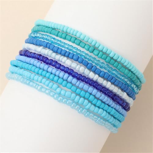 Boho Stackable Rice Beaded Bracelet Set for Women 8-10Pcs Colorful Handmade Multilayered Crystal Beads Bracelets Summer Beach Bohemian Jewelry Gift - color: A Blue