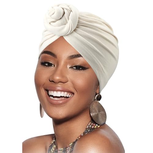 African Women Turban Caps Pre-Tied Twisted Turbans Head Scarf for Women Hair Wraps Cover Beanie Cancer Chemo Headwear - color: 1 Pack Flower: White