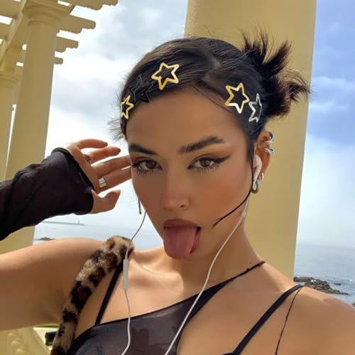 Star Hair Clips 2000s Y2K Snap Hair Barrettes Non Slip Star Hair Accessories Black Gold Silver Metal Hair Clips for Girls Women -15 PCS 1.18" - color: 50 P - 1.18"-black,gold,silver