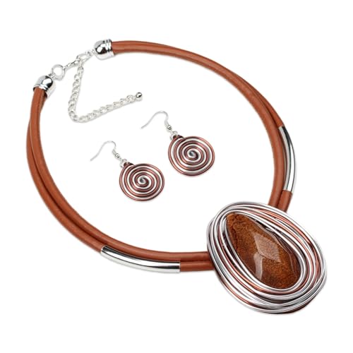 Ethnic Crystal Rhinestone Pendant Necklace Earrings Set Women Handmade Tribal Collar Choker Chunky Metal Bib Rope Chain African Statement Jewelry Set - color: NXR1484-brown