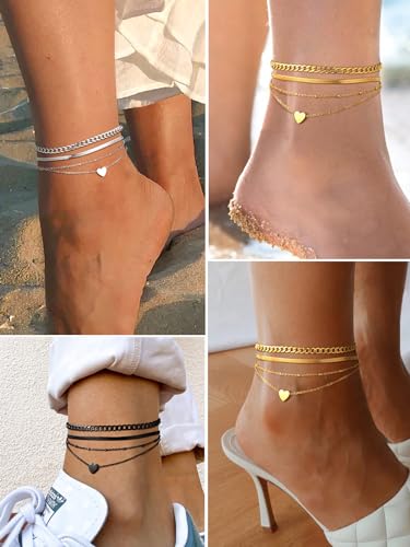 FindChic Black/Silver/Gold Plated Anklets Set of 2PCS/3PCS Herringbone Chain Cuban Link Heart Charm Sparkling Tennis Ankle Bracelets, Waterproof Summer Foot Jewelry for Beach - color: 01. Black-3PCS Cuban & Herringbone & Beaded Heart
