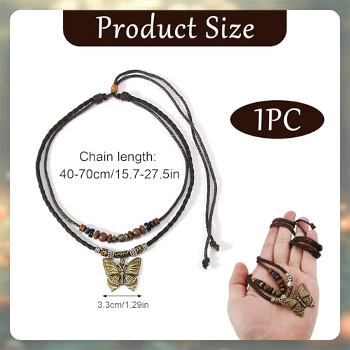 Boho Necklace for Women,Vintage Butterfly Pendant Necklaces,Adjustable Wooden Beads Layered Braided Choker,Fashion Tribal Style Leather Rope Necklace Jewelry,Chunky Statement Gift for Women - color: Brown