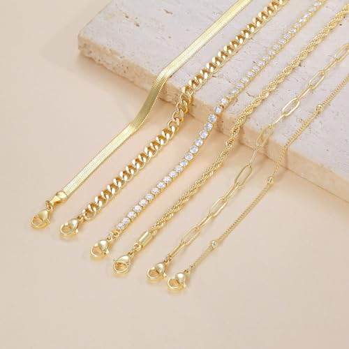 DEARMAY 14K Gold Plated Ankle Bracelets for Women Waterproof - Dainty 6Pcs Anklets Layered Cuban Link Chain Herringbone Cute Anklets Set Pack Summer Beach Jewelry Gift for Women Teen - color: Gold Anklet A