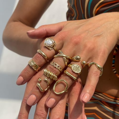 Chunky Gold Rings for Women Non Tarnish Silver Chunky Rings Set Adjustable Thick Statement Ring Gold Stackable Ring for Women Trendy Fashion Silver Jewelry - style: Style1