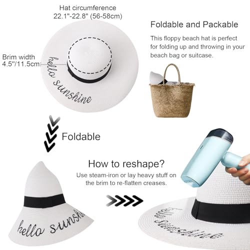 DRESHOW Beach Hats for Women Big Straw Wide Brim Summer Hat Floppy Foldable Roll up Cap Sun Hat UPF 50+ - color: 1 Pack Beach Straw Hat: White