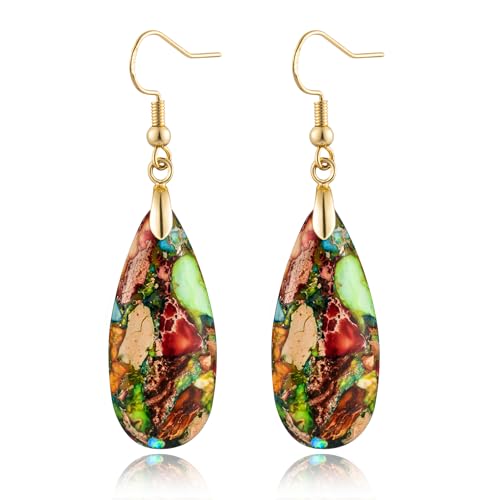 Stone Drop Earrings for Women Earrings Teardrop Jasper Stone Dangle Earrings - color: Colorful-Golden Hook