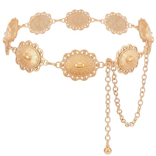 XZQTIVE Women Boho Chain Belts For Dresses Jeans Western Cowgirl Waist Links Belt Adjustable Metal Concho Belt - color: Bright Gold, size: Fit Waist up to 56 In