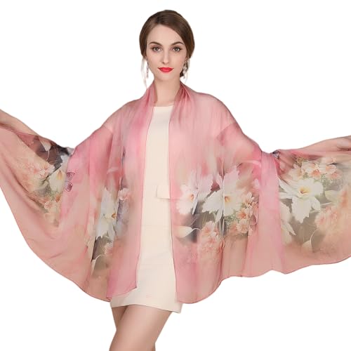 100% Mulberry Silk Women's Neck Silk Scarf-Lightweight Shawl,FLoral Print Beach Silk Wrap-Scarves for Photography - color: Dark Pink Lily