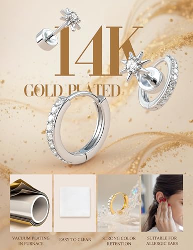 Florideco Flat Back Earrings Hypoallergenic Surgical Steel Earrings for Women Trendy Cartilage Chain Earring 14K Gold Plated Star Heart CZ Flatback Stud Earring Sets for Multiple Piercing - color: Silver