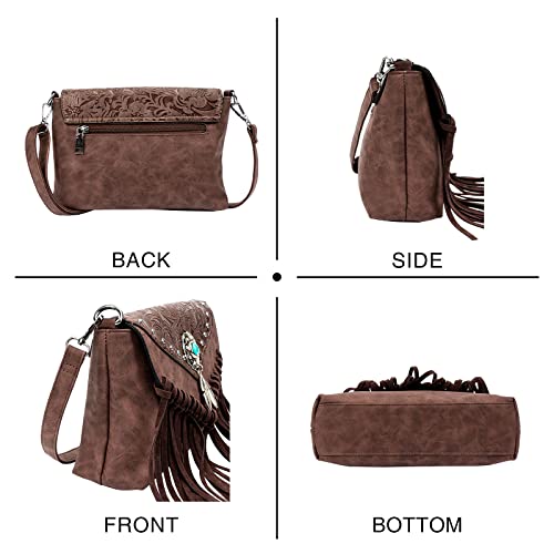 LAVAWA Small Crossbody Bags for Women Crossbody Handbag Fringe Purse Tassel Shoulder Bag Turquoise Concho Wallet - color: Brown