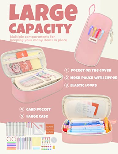 SUNEE Cute Pencil Case, Aesthetic Pen Pouch, Colored Large Pencil Bag with Zipper, Kawaii Stationery Storage and Organizer, School Supplies for Teen and Adult Girls, Pink - color: Pink