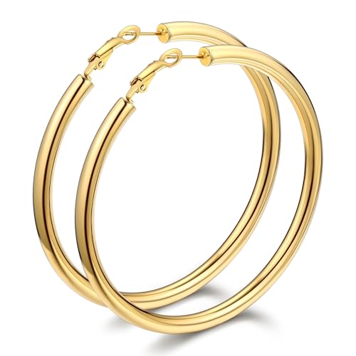Bestyle 5mm Thick Gold Hoop Earrings Hypoallergenic Hoops for Sensitive Ears Trendy Lightweight Chunky Earrings for Women 30/40/60/80mm - color: 01-Gold, size: 80mm