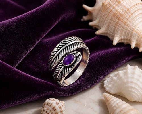 Silver Plated Feather Ring | 925 Silver Adjustable Open Ring | Vintage Leaf Design Inspirational Jewelry for Men & Women | Hypoallergenic Boho Statement Ring - color: Amethyst