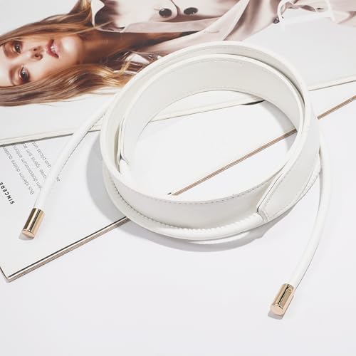 Women PU Leather Tie Waist Belts Knotted Thin Skinny Rope Waistband - color: White