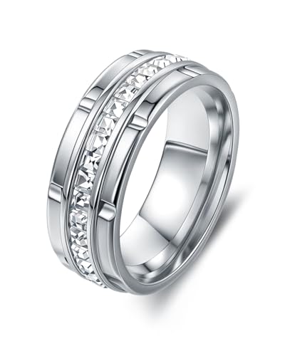 8mm Mens Gold Wedding Band with Cubic Zirconia Silver Eternity Ring CZ Inlaid 18K Gold Plated Stainless Steel Rings for Men, Rings Size 5-12 - color: Silver