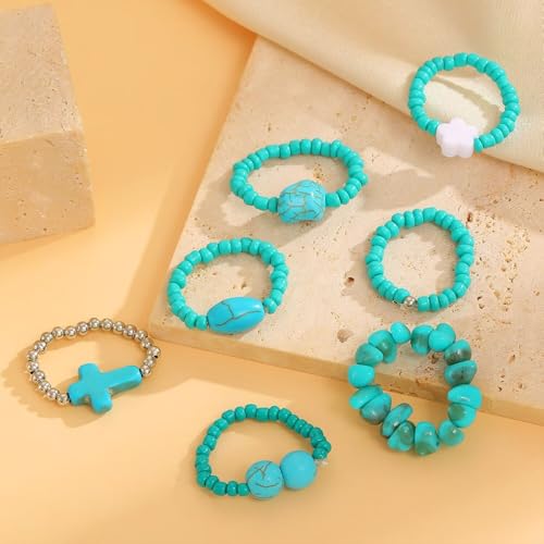 7Pcs Bohemian Turquoise Rings for Women Exaggerate Western Knuckle Ring Sets Stackable Beads Elasticity Finger Rings Set Simple Beaded Finger Jewelry Gifts