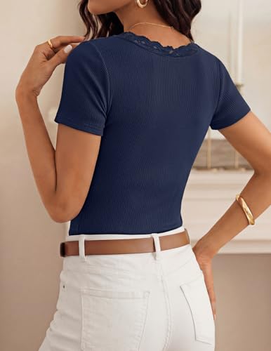 ZESICA Womens Summer 2026 Short Sleeve Trendy Lace V Neck Tops Fitted Cute Shirts Dressy Casual Blouses Y2k Going Out Outfits - color: Navy, size: Large