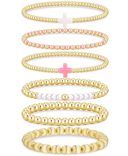 Gold Beaded Bracelets for Women, 14K Real Gold Plated Jewelry for Women Dainty Pearl Bead Bracelets Stack, Non Tarnish Trendy Stackable Ball Cross Stretch Bracelet Set Fashion Accessories Gifts - color: Gold pink cross bead