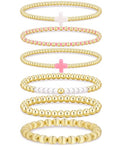 Gold Beaded Bracelets for Women, 14K Real Gold Plated Jewelry for Women Dainty Pearl Bead Bracelets Stack, Non Tarnish Trendy Stackable Ball Cross Stretch Bracelet Set Fashion Accessories Gifts - color: Gold pink cross bead