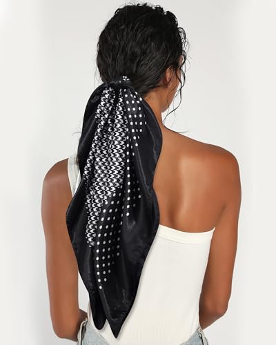 AWAYTR 35” Satin Head Scarf for Women Like Silk Scarf for Hair Scarf Satin Hair Bandana Women Headscarf Hair Wrap Scarf Neck - color: Polka Dots - Black